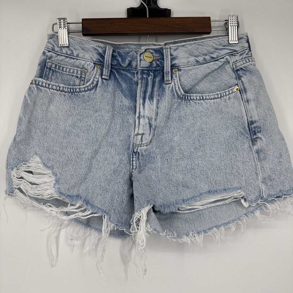 Frame Le Brigette High Rise Frayed Light Wash Distressed Denim Shorts Grunge 25